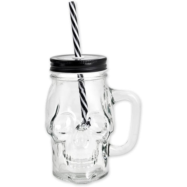 KE Skull Glass Mason Jar Mug Tumbler Cup With Lids And Straw Skull ( GLASS)